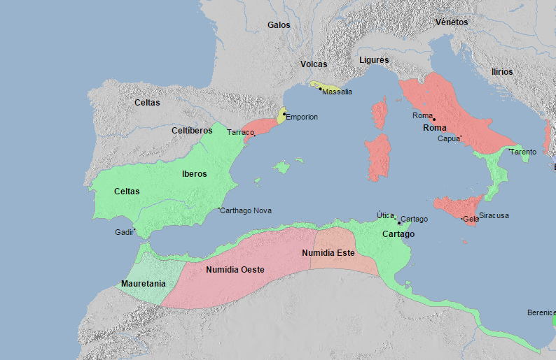 El Mediterraneo Occidental en 210 a. C.